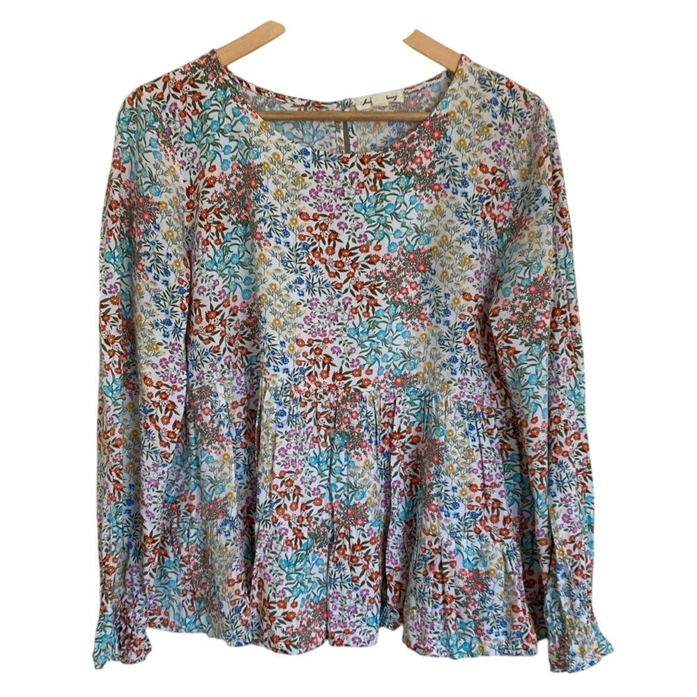 June and Delancy Womens Blouse‎ Floral Size Small Multi Color Long Sleeve